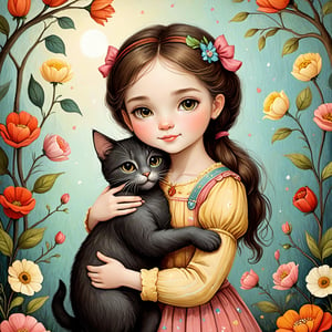 Whimsical folk art picture of a (little sweet girl) and (cat) hugging each other.
,Perfect skin,no