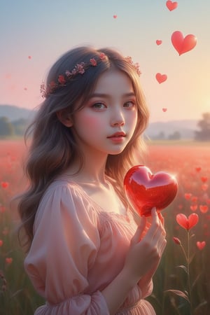 (masterpiece), (absurdres:1.3), (ultra detailed), HDR, UHD, 16K, ray tracing, vibrant eyes, perfect face, award winning photo, A silhouette of a young girl with flowing hair, standing in a field. She holds a red heart-shaped object, possibly a flower, in her hand. The background is framed within a heart shape, with a gradient of colors transitioning from a light beige at the top to a darker hue at the bottom. The overall mood of the image is serene and dreamy, evoking feelings of love and tranquility., painting, conceptual art, illustration shiny skin, (shy blush:1.1), (dynamic action pose:1.3) ,slightly smile, lens flare, photo quality, big dream eyes, ((perfect eyes, perfect fingers)) ,kawaii, (Sharp focus realistic illustration:1.2), adorable,