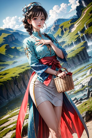 (best quality),(masterpiece:1.1),(extremely detailed CG unity wallpaper:1.1), (colorful cloth :1.3),(panorama shot:1.4),looking at viewer, from below, high res, detailed face, detailed eyes, 1 girl, solo, short-bob roughtly cut and two braided hair-bangs tied behind her head, cute hairstyle, full body, mountain forest , outdoors, (perfect fingers :1.4), perfect face, five fingers for each hand, fantasy, hugging basket , Exquisite face,Isometric_Setting,KibaManamiManityro