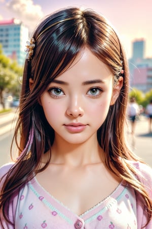 kawaii, (Realistic: 1.2), (illustration: 1.2), (masterpiece:1.4), (best quality:1.1), high resolution illustration, coloful, intricate details, cinematic light, depth of field, (finely detailed face), (beautiful face:1.3), (extra wide shot:1.3), brilliant color, 8K, conceptual art, illustration, volumetric lighting, ray tracing, centered, divine bright, cinematic smooth, volumetric lighting, creative, surreal hallucinatory intricately detailed sharp focus, professional ominous concept art, cinematic composition, golden ratio, sweater, (mint cardigan and purple cloth), hairband, hair accessories, looking at viewer, painting, cityscape, buildings, streets,sunshine, flowers, green plants,((pink sky)),((clouds)),