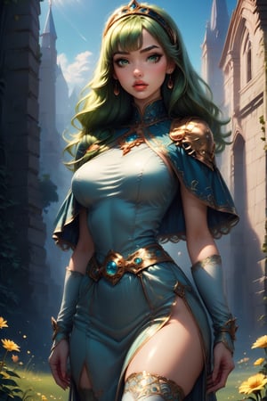 score_9, score_8_up, score_8, masterpiece, official art, ((ultra detailed)), (ultra quality), high quality, perfect face, 1 girl with long hair, blond-green hair with bangs, bronze eyes, detailed face, wearing a fancy ornate (((folk dress))), shoulder armor, armor, glove, hairband, hair accessories, striped, (holding the great weapon :1.4), jewelery, thighhighs, pauldrons, side slit, capelet, vertical stripes, looking at viewer, fantastical and ethereal scenery, daytime, church, grass, flowers. Intricate details, extremely detailed, incredible details, full colored, complex details, hyper maximalist, detailed decoration, detailed lines, best quality, HDR, dynamic lighting, perfect anatomy, realistic, more detail, Architecture, full juicy lips, perfect green eyes, (soft cute face)