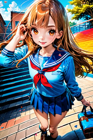 (perfect face), top quality, (official art :1.2), UHD, HDR, 16K, 8K, vivid color, (high quality:1.3), (masterpiece, best quality:1.4), (ultra detailed, ultra highres), sharp focus, extremely detailed CG, cute hair style (illustration:1.2), (photorealisitc :1.37), high contrast, colorful, school uniform, stairs, brown hair, outdoors, serafuku, skirt, bag, long hair, sitting on stairs, shoes, brown eyes, pleated skirt, black socks, cloud, school bag, loafers, looking at viewer, wind, neckerchief, long sleeves, kneehighs, sailor collar, sky, bangs, white shirt, hair ribbon, railing, brown footwear, hair tucking, petals, leaf, ribbon ,slender hands, sparkling eyes, (extremely beautiful, super cute:1.3), (detailed face, rosy skin, perfect eyes, detailed pupil), (cute Hamster:1.1), mandarin orange, dusk, duck toy, adorable, 1girl, solo, (smile), (dynamic action pose :1.2), (looking at camera:1.3), intricate details, (highschool detailed background :1.6) ,Charm of beauty, 