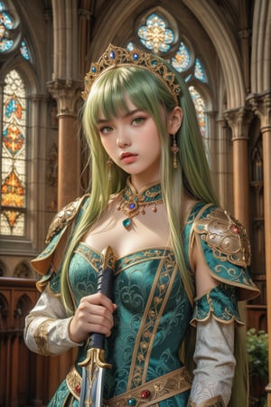 masterpiece, official art, ((ultra detailed)), (ultra quality), high quality, perfect face, 1 girl with long hair, blond-green hair with bangs, bronze eyes, detailed face, wearing a fancy ornate (((folk dress))), shoulder armor, armor, glove, hairband, hair accessories, striped, (holding the great weapon:1.7), jewelery, thighhighs, pauldrons, side slit, capelet, vertical stripes, looking at viewer, fantastical and ethereal scenery, daytime, church, grass, flowers. Intricate details, extremely detailed, incredible details, full colored, complex details, hyper maximalist, detailed decoration, detailed lines, best quality, HDR, dynamic lighting, perfect anatomy, realistic, more detail,
,Architectural100,style, Ito Akemi