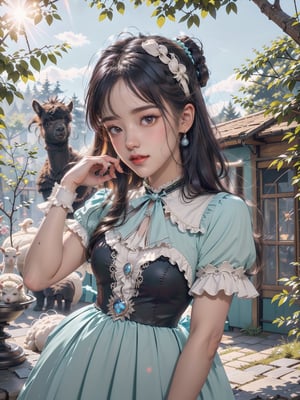 1girl, solo, best quality, ultra detailed, realistic, photorealistic:1.37 ,beautiful detailed eyes, beautiful detailed lips, (classical lolita costume:1.5), cute smile, (((play with cute alpaca))), ((surrounded by cute alpaca)) , magical aura, whimsical, colorful sunshine ,rays of sunlight peeping through the trees,soft dappled light,peaceful atmosphere,magical creatures,playing around,sparkling fairy dust,soft glow,x,y,z style painting,blending colors,vibrant hues,dreamlike scenery,Realism, (ultra detailed, ultra highres:1.1), Waist up portrait, 8K, UHD, (sparkling eyes:1.3), 
art by Jean-Gabriel Domergue, a cute teenage girl, digital art, a ultra hd detailed painting, Jean-Baptiste Monge style, bright, beautiful, splash, Glittering, cute and adorable, filigree, rim lighting, lights, extremely, magic, surreal, fantasy, digital art, by wlop, by artgerm, (junji ito style:1.3) , (Andrei Belichenko style:1.3), (extra wide shot:1.6), rosy skin, AgoonGirl,Sexy Women ,girl,glitter