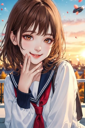 (perfect face), top quality, (official art :1.2), UHD, HDR, 16K, 8K, vivid color, (high quality:1.3), (masterpiece, best quality:1.4), (ultra detailed, ultra highres), sharp focus, extremely detailed CG, cute hair style (illustration:1.2), (photorealisitc :1.37), high contrast, colorful, school uniform, brown hair, outdoors, serafuku, skirt, bag, long hair, shoes, brown eyes, pleated skirt, black socks, cloud, school bag, loafers, looking at viewer, wind, neckerchief, long sleeves, kneehighs, sailor collar, sky, bangs, white shirt, hair ribbon, brown footwear, hair tucking, petals, leaf, ribbon ,slender hands, sparkling eyes, (extremely beautiful, super cute:1.3), (detailed face, rosy skin, perfect eyes, detailed pupil), (cute 🦔:1.1), dusk, duck toy, adorable, 1girl, solo, (smile), (dynamic action pose :1.2), (looking at camera:1.3), intricate details, (unusual architecture,scifi spaceship background, Professional photography,bokeh,natural lighting, highschool detailed background :1.6) ,Charm of beauty, lace , 