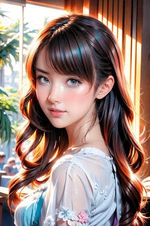 kawaii, (Realistic: 1.2), (illustration: 1.2), (in cafe:1.5), full body, (masterpiece:1.4), (best quality:1.1), high resolution illustration, coloful, intricate details, cinematic light, depth of field, (finely detailed face), (beautiful face:1.3), (extra wide shot:1.3), (white blouse:1.3), ((ultra-detailed hair)), brilliant color, 8K, 16K, UHD, HDR, ultra detailed, perfect light, perfect shadows, David Hockney and Vincent Van Gogh, Blue and orange, Tempera painting, Colorful Shadows, Rounded edges on everything, A view from inside a Florida beach house, ocean, palm trees, moonstone tones, sunset, beautiful ocean, secluded, tropical paradise, correct wave direction toward the beach, cinematic smooth, volumetric lighting, ray tracing, high dynamic range, ultra-realistic, complex detail, atmospheric, maximalist digital matte painting, detailed matte painting, detailed, fantastical, splash screen, complementary colors, fantasy concept art, resolution, centered, divine bright, cinematic smooth, volumetric lighting, creative, surreal hallucinatory intricately detailed sharp focus, professional ominous concept art, an intricate, grunge textures, clean and bold, cinematic composition, golden ratio, pencil and kneaded eraser, sharp focus, ambient occlusion, backface lighting, rim light, pastel colors, sense of depth, trending on zbrush central highly detailed, maximalist digital matte painting, detailed matte painting, fantastical, splash screen, complementary colors, fantasy concept art, centered, symmetry, heavenly sunshine beams, divine bright, sharp focus,DonMD0n7P4n1c,Colors,********