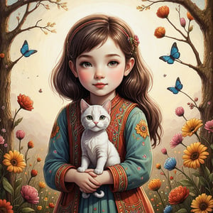 Whimsical folk art picture of a (little sweet girl) and (cat) hugging each other.
,Perfect skin,APEX colourful ,aw0k straightstyle