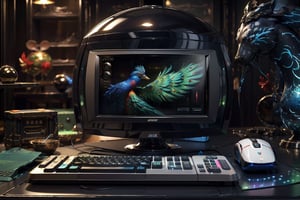 Best Quality, masterpiece, ultra-high resolution, (illustration:1.2), (photo realistic: 1.4) , Surrealism, Fantastical verisimilitude, beautiful blue-skinned goddess Phoenix Peacock on her head, fantastical creation, thriller color scheme, surrealism, abstract, psychedelic, 1 girl,flower,castle,jyy-hd,Messy desktop, clutter, half eaten instant noodles, various snacks, mobile phones, tablets, headphones, PSPs, game controllers, illuminated keyboards and mice, scattered stationery,(various mooncakes), (RGB keyboard computer:1.3), monitor, mouse (computer), hi tech, chair, speaker, light bar, 