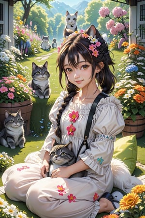 (best quality,ultra-detailed,cute animals,vivid colors,soft lighting,digital illustration,fluffy fur,playful expressions,adorable poses,dreamy atmosphere,colorful surroundings), (art by Makoto :1.5), digital art, child, cute cat, 16K, cool wallpaper, things, jasmine, pillows, clutter, toy, basket, wood, pot, can copper, garden yard, circle face, smile, sharp focus, HDR, (long hair, bun hair braids), Add more details