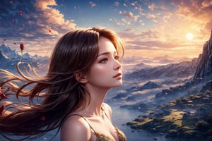 ultra detailed, (masterpiece, top quality, best quality, official art, perfect face:1.2), UHD, cinematic, (muted colors, dim colors), perfect face, perfect eyes, long-lenses photograph, realistic, 8K, 16K, with mountains and valleys, sun and the moon skimpy silhouettes romantically kissing in the sky that is both day wand night , heart, romance, Roses, stunning light, wind is blowing, (1girl shiny long hair:1.4), (1boy short hair style :1.4),photorealistic,masterpiece,