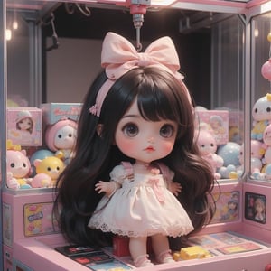 1girl, best quality, ultra-detailed, (((masterpiece))), (((best quality))), extremely detailed, ((claw machine)), ((claw is clamping a doll box up)), hand on bottom panel, control joystick and press button with hand, cleavage, big tits, ribbon, beige lace overalls, black updo longhair, shy, blush, petite figure proportion, claw machine, Glittering, cute and adorable, (perfect lighting, perfect shadow), dreamlike scenery,Realism, blending colors,vibrant hues, amazing photo, wearing dress pretty ruffle, cute shoe, Chibi, ,chibi
