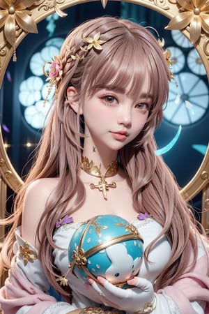 1girl, solo, (masterpiece), (absurdres:1.3), (ultra detailed), HDR, UHD, 16K, ray tracing, vibrant eyes, perfect face, award winning photo, beautiful, shiny skin, (highly detailed), clear face, teenage cute delicate girl, (shy blush:1.1), (high quality, high res, aesthetic:1.1), (dynamic action pose:1.3) ,slightly smile, lens flare, photo quality, big dream eyes, ((perfect eyes, perfect fingers)), iridescent brown hair, vivid color, perfect lighting, perfect shadow, realistic, stunning light, (atmosphere :1.6), nice hands, insane details ,high details ,kawaii, (extra wide shot: 1.8)

(Sharp focus realistic illustration:1.2), a giant glass sphere containing a small ecosystem, surrounded by measurement devices is installed in large-scale factory, a girl Priest stands next to the sphere, divine magic, sacred texts, ceremonial robes, incense, healing spells, blessing rituals, BREAK intricate illustrations, delicate linework, fine details, whimsical patterns, enchanting scenes, dreamy visuals, captivating storytelling, church and stain glass background, messy interior, book, elemental, feature,Alouette_La_Pucelle,emilia (re:zero),flower, ((pink gold style)),Add more details,yui