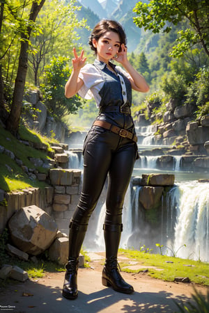 (best quality),(masterpiece:1.1),(extremely detailed CG unity wallpaper:1.1), (colorful cloth :1.3),(panorama shot:1.4),looking at viewer,from above, high res, detailed face, detailed eyes, 1 girl, solo, short hair, full body, mountain forest , outdoors, (perfect fingers :1.4), perfect face, five fingers for each hand, (dynamic action pose :1.4), fantasy,Exquisite face,High quality,brown eyes