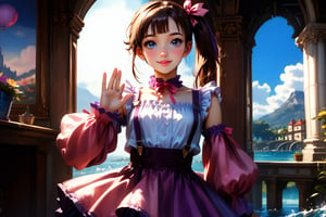 score_9_up, score_8_up, score_7_up, masterpiece, official art, ((ultra detailed)), Masterpiece, beautiful details, perfect focus, 8K, high resolution, exquisite texture in every detail, 1girl, solo, looking at viewer, blush, smile, bangs, blue eyes, hair ornament, purple hair, hair rings, twin braids, (Realistic: 1.2), (illustration: 1.2), dramatic shadows, (dramatic lighting:1.1), masterpiece, best quality, ultra-realistic, ultra detailed, ultra detailed face, hyper extreme detailed body, finely detailed beautiful eyes and face, high resolution, UHD, (((perfect anatomy))), perfect hands, ((perfect fingers)), perfect body, (Highly detailed scenery:1.1), Highly detailed background, depth of field, dramatic, atmospheric, kawaii, ((1girl, Asian)), ((10 years old)), cute child, cameltoe, ((jirai fashion with pink and red, skirt, ribbon, hair ribbon, suspenders, detached sleeves, pink ribbon, purple suspender skirt, white frilled shirt)), outdoor, beautiful sky, waving arm, illuminated face, dynamic scenery, boat, ((pillar)), happy smile, (brown hair, blue eyes: 1.3), plait hair, ribbon, choker, (side ponytail :1.3), (dynamic pose: 1.3), backlighting, side lighting, lifted skirt, under below, flowers, botanical, potted plant, petals, blue sky, sunlight, river, splashing water, reflection, balloon in sky, white cloud, garden sharp focus, HDR, Add more details, Architecture, full juicy lips, (kawaii face),