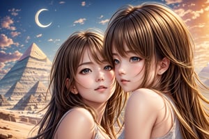 ultra detailed, (masterpiece, top quality, best quality, official art, perfect face:1.2), UHD, cinematic, (muted colors, dim colors), perfect face, perfect eyes, long-lenses photograph, realistic, 8K, 16K, with mountains and valleys, sun and the moon skimpy silhouettes romantically kissing in the sky that is both day wand night , heart, romance, Roses, stunning light, wind is blowing, couple, (1girl shiny long hair:1.4), (1boy short hair style :1.4), photorealistic, masterpiece, (Egypt style:1.4), Egypt cosplay,Cosplay