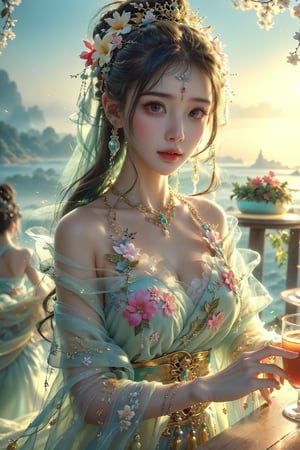 ultra detailed, (masterpiece, top quality, best quality, official art, perfect face:1.2), UHD, cinematic, (muted colors, dim colors), perfect face, perfect eyes, long-lenses photograph, realistic, 8K, 16K, with mountains and valleys, dynamic lighting, (1girl), in an outdoor restaurant overlooking the ocean, table has food and drinks, candles, vibrant colors, she is styling with a Hawaiian dress, detailed expressive eyes, bright mood lighting coconut tree, foliage, potted plants, treehouse, balcony, photorealistic, masterpiece, romance, Line art,Ancient Chinese style