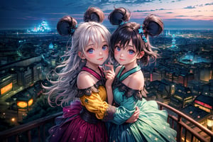 (best quality), (extremely detailed CG unity 8k wallpaper:1.1), (colorful:0.9),(panorama shot:1.4),upper body,looking at viewer,from above, 2 girls hugging each other,15yo, cosplay, (Disney land Tokyo :1.4), fun,smile, happiness, Nature, colorful, exposure blend, medium shot, bokeh, high contrast, (muted colors, dim colors, soothing tones:1.3), low saturation, Adorable cloth, shiny, luxury red off the shoulder full skirt vintage swing dress, (high quality:1.3), (masterpiece, best quality:1.4), (ultra detailed, 8K, 4K, ultra highres), (Beautifully Detailed Face and Fingers), (Five Fingers) Each Hand, nice hands, (perfect fingers, perfect hands :1.3), sharp focus, professional dslr photo, (Photorealistic:1.4), UHD, HDR, volumetric fx, (((intricate details))), extremely detailed CG, cinematic photo, perfect photography, professional, perfect sky, shiny, glitter, gradient color all fluentcolor, (professional photograpy:1.1),