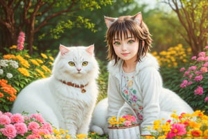 (best quality,ultra-detailed,cute animals,vivid colors,soft lighting,digital illustration,fluffy fur,playful expressions,adorable poses,dreamy atmosphere,colorful surroundings), (art by Makoto :1.5), digital art, child, cute cat, 16K, cool wallpaper, things, jasmine, pillows, clutter, toy, basket, wood, pot, can copper, garden yard, circle face, smile, sharp focus, HDR,Cosplay,onitsuka_natsumi_lovelivesuperstar,Add more details