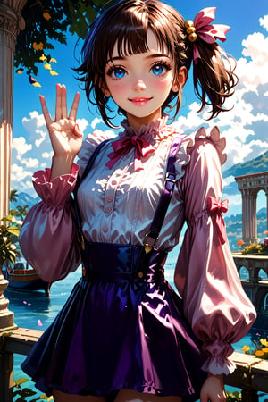 score_9_up, score_8_up, score_7_up, masterpiece, official art, ((ultra detailed)), Masterpiece, beautiful details, perfect focus, 8K, high resolution, exquisite texture in every detail, 1girl, solo, looking at viewer, blush, smile, bangs, blue eyes, hair ornament, purple hair, hair rings, twin braids, (Realistic: 1.2), (illustration: 1.2), dramatic shadows, (dramatic lighting:1.1), masterpiece, best quality, ultra-realistic, ultra detailed, ultra detailed face, hyper extreme detailed body, finely detailed beautiful eyes and face, high resolution, UHD, (((perfect anatomy))), perfect hands, ((perfect fingers)), perfect body, (Highly detailed scenery:1.1), Highly detailed background, depth of field, dramatic, atmospheric, kawaii, ((1girl, Asian)), ((10 years old)), cute child, cameltoe, ((jirai fashion with pink and red, skirt, ribbon, hair ribbon, suspenders, detached sleeves, pink ribbon, purple suspender skirt, white frilled shirt)), outdoor, beautiful sky, waving arm, illuminated face, dynamic scenery, boat, ((pillar)), happy smile, (brown hair, blue eyes: 1.3), plait hair, ribbon, choker, (side ponytail :1.3), (dynamic pose: 1.3), backlighting, side lighting, lifted skirt, under below, flowers, botanical, potted plant, petals, blue sky, sunlight, river, splashing water, reflection, balloon in sky, white cloud, garden sharp focus, HDR, Add more details, Architecture, full juicy lips, (kawaii face),