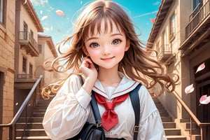 perfect face, (best quality, masterpieces:1.3), (beautiful and aesthetic:1.2), colorful, dynamic angle, (Realistic:1.4), illustration, (high quality:1.3), (ultra detailed, ultra highres), 32K, (Beautifully Detailed Face and Fingers), (Five Fingers) Each Hand, sharp focus, professional dslr photo, photoreal, 1girl , kawaii, (masterpiece, best quality official art :1.2),
,Perfect skin, nice hand, nice fingers, volumetric fx, ray tracing, (((intricate detailed))), extremely detailed CG, (hyper realism, soft light, dramatic light, sharp, HDR), perfect image, vivid color, (official art, extreme detailed, highest detailed), school uniform, stairs, brown hair, outdoors, serafuku, skirt, bag, long hair, shoes, brown eyes, pleated skirt, black socks, cloud, school bag, loafers, looking at viewer, wind, neckerchief, long sleeves, kneehighs, sailor collar, sky, bangs, white shirt, hair ribbon, railing, brown footwear, hair tucking, petals, leaf, ribbon ,slender hands, sparkling eyes, (extremely beautiful, super cute:1.3), (rosy skin, perfect eyes, detailed pupil), (lab study:1.4), apple, duck toy, adorable, solo, (smile), (dynamic action pose :1.2), (highschool detailed background :1.6) ,Charm of beauty, 