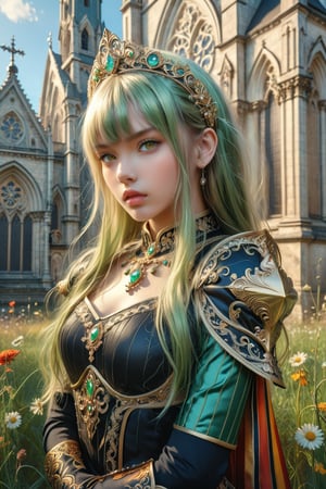 masterpiece, official art, ((ultra detailed)), (ultra quality), high quality, perfect face, 1 girl with long hair, blond-green hair with bangs, bronze eyes, detailed face, wearing a fancy ornate (((folk dress))), shoulder armor, armor, glove, hairband, hair accessories, striped, (holding the great weapon:1.37), jewelery, thighhighs, pauldrons, side slit, capelet, vertical stripes, looking at viewer, fantastical and ethereal scenery, daytime, church, grass, flowers. Intricate details, extremely detailed, incredible details, full colored, complex details, hyper maximalist, detailed decoration, detailed lines, best quality, HDR, dynamic lighting, perfect anatomy, realistic, more detail,
,