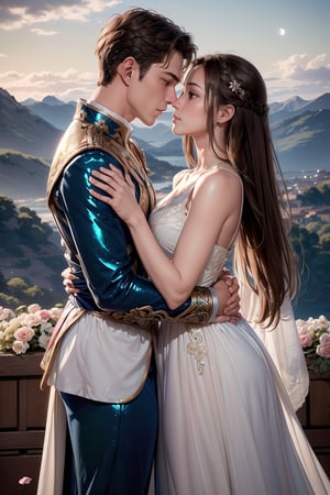 ultra detailed, (masterpiece, top quality, best quality, official art, perfect face:1.2), UHD, cinematic, (muted colors, dim colors), perfect face, perfect eyes, long-lenses photograph, realistic, 8K, 16K, with mountains and valleys, sun and the moon skimpy silhouettes romantically kissing in the sky that is both day wand night , heart, romance, ((flowers, light rose , Plumeria)), stunning light, wind is blowing, couple, (1girl shiny long hair, long dress:1.4), (1boy short hair style :1.4), photorealistic, masterpiece, couple, romance, (renaissance costume), (classic romance novels),Line art, prince