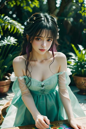 Masterpiece, beautiful details, perfect focus, 8K, high resolution, exquisite texture in every detail, 1girl, solo, looking at viewer, blush, smile, bangs, blue eyes, hair ornament, purple hair, hair rings, twin braids, hair flower, hair ribbon, hair between eyes, (best quality,ultra-detailed,cute animals,vivid colors,soft lighting,digital illustration,fluffy fur,playful expressions,adorable poses,dreamy atmosphere, colorful surroundings), (art by Makoto :1.5), digital art, child, cute cat, 16K, cool wallpaper, things, jasmine, pillows, clutter, toy, basket, wood, pot, can, copper, garden yard, smile, sharp focus, HDR,Add more details,Albafantasy