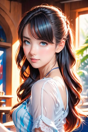 kawaii, (Realistic: 1.2), (illustration: 1.2), (in cafe:1.5), full body, (masterpiece:1.4), (best quality:1.1), high resolution illustration, coloful, intricate details, cinematic light, depth of field, (finely detailed face), (beautiful face:1.3), (extra wide shot:1.3), (white blouse:1.3), ((ultra-detailed hair)), brilliant color, 8K, 16K, UHD, HDR, ultra detailed, perfect light, perfect shadows, David Hockney and Vincent Van Gogh, Blue and orange, Tempera painting, Colorful Shadows, Rounded edges on everything, A view from inside a Florida beach house, ocean, palm trees, moonstone tones, sunset, beautiful ocean, secluded, tropical paradise, correct wave direction toward the beach, cinematic smooth, volumetric lighting, ray tracing, high dynamic range, ultra-realistic, complex detail, atmospheric, maximalist digital matte painting, detailed matte painting, detailed, fantastical, splash screen, complementary colors, fantasy concept art, resolution, centered, divine bright, cinematic smooth, volumetric lighting, creative, surreal hallucinatory intricately detailed sharp focus, professional ominous concept art, an intricate, grunge textures, clean and bold, cinematic composition, golden ratio, pencil and kneaded eraser, sharp focus, ambient occlusion, backface lighting, rim light, pastel colors, sense of depth, trending on zbrush central highly detailed, maximalist digital matte painting, detailed matte painting, fantastical, splash screen, complementary colors, fantasy concept art, centered, symmetry, heavenly sunshine beams, divine bright, sharp focus,DonMD0n7P4n1c,Colors,********