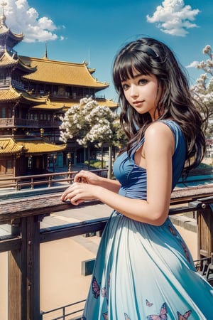 (1girl :1.5), front shot, adorable, (ultra detailed, ultra highres), (masterpiece, top quality, best quality, official art :1.4), (high quality:1.3), cinematic, wide shot, (muted colors, dim colors), A whimsical cityscape under a bright blue sky with fluffy clouds and butterflies. The city features traditional wooden buildings and a fantastical structure that combines a castle, a pagoda, and a Ferris wheel. The colors are vibrant and detailed. 4k, perfect hands, perfect fingers, Ghiblism2-Ghibli, GhiblismDetailed2, Ghiblismkw2 extremely detailed CG, photorealistic,Anitoon2,Pastel color