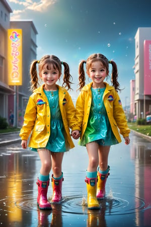 ultra detailed, (masterpiece, top quality, best quality, official art :1.2), (photorealistic:1.37), UHD, 16K, 8K, beautiful girl, sharp focus, Two girls playing in puddles wearing rain boots. In the center of the puddles, there is a clear reflection of the transparent water surface with bright light reflecting upon it. The girls are dressed in yellow raincoats and wearing boots, allowing them to play in the puddles without getting wet. One of them is an energetic girl with her hair tied up in pigtails, while the other has cute short twin tails. Holding hands, they jump and frolic, creating splashes of water. The weather is fine after the rain, and a vibrant rainbow stretches across the background. The colors of the rainbow harmonize with the girls' smiles, creating a joyful atmosphere, colorful wear, (adorable difference face:1.4), colorful, night background, exposure blend, medium shot, bokeh, (hdr:1.4), high contrast, (cinematic, teal and green:0.85), (muted colors, dim colors, soothing tones:1.3), low saturation, oil paint ,science fiction