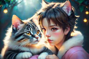 (best quality,ultra-detailed,cute animals,vivid colors,soft lighting,digital illustration,fluffy fur,playful expressions,adorable poses,dreamy atmosphere,colorful surroundings), (art by Makoto :1.5), digital art, child, cute cat, 16K, cool wallpaper, things, ,1girl,Albafantasy