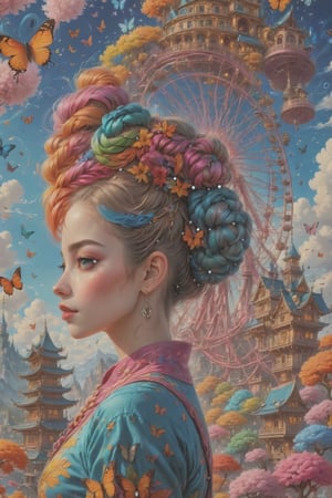 (Beautiful girl:1.5), front shot, adorable, cute braid hair, hair bun, (ultra detailed, ultra highres), (masterpiece, top quality, best quality, official art :1.4), (high quality:1.3), cinematic, wide shot, (muted colors, dim colors), A whimsical cityscape under a bright blue sky with fluffy clouds and butterflies. The city features traditional wooden buildings and a fantastical structure that combines a castle, a pagoda, and a Ferris wheel. The colors are vibrant and detailed. 4k, photorealistic,Anitoon2,Pastel color, Add more detail,FANTASY ,stylised art,frenchlineart,lineart,