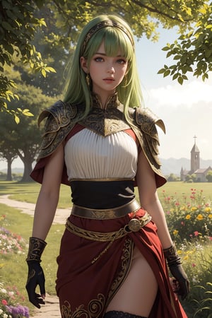 masterpiece, official art, ((ultra detailed)), (ultra quality), high quality, perfect face, A girl with long hair, blond-green hair with bangs, bronze eyes, detailed face, wearing a fancy ornate (((folk dress))), shoulder armor, armor, glove, hairband, hair accessories, striped, holding the great weapon, jewelery, thighhighs, pauldrons, side slit, capelet, vertical stripes, looking at viewer, fantastical and ethereal scenery, daytime, church, grass, flowers. Intricate details, extremely detailed, incredible details, full colored, complex details, hyper maximalist, detailed decoration, detailed lines, best quality, HDR, dynamic lighting, perfect anatomy, realistic, more detail,

