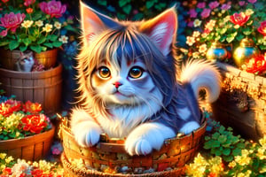 (best quality,ultra-detailed,cute animals,vivid colors,soft lighting,digital illustration,fluffy fur,playful expressions,adorable poses,dreamy atmosphere,colorful surroundings), (art by Makoto :1.5), digital art, child, cute cat, 16K, cool wallpaper, things, jasmine, pillows, clutter, toy, basket, wood, pot, can copper, garden yard, circle face, smile, sharp focus, HDR,Cosplay