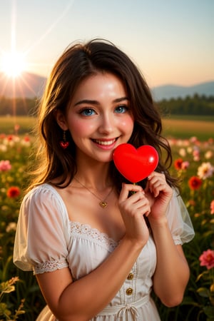 (masterpiece), (absurdres:1.3), (ultra detailed), HDR, UHD, 16K, ray tracing, vibrant eyes, perfect face, award winning photo, A silhouette of a young girl with flowing hair, standing in a field. She holds a red heart-shaped object, possibly a flower, in her hand. The background is framed within a heart shape, with a gradient of colors transitioning from a light beige at the top to a darker hue at the bottom. The overall mood of the image is serene and dreamy, evoking feelings of love and tranquility., painting, conceptual art, illustration shiny skin, (shy blush:1.1), (dynamic action pose:1.3) ,slightly smile, lens flare, photo quality, big dream eyes, ((perfect eyes, perfect fingers)) ,kawaii, (Sharp focus realistic illustration:1.2), adorable,