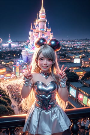 (best quality),(masterpiece:1.1),(extremely detailed CG unity wallpaper:1.1), (colorful:1.2),(panorama shot:1.4),looking at viewer,from above,2 girls ,15yo, (Disney cosplay :1.4), (Disney land Tokyo background :1.4), adorable hair, fun, smile, flowers (innocent grey), 16K, UHD, HDR, rose, twilight, perfect shadow, (perfect fingers :1.4), perfect face, five fingers for each hand, (heart hands pose :1.4), FANTASY ,beehive fireworks