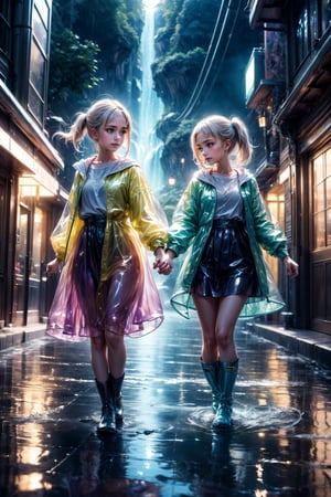 ultra detailed, (masterpiece, top quality, best quality, official art, beautiful and aesthetic:1.2), (photorealistic:1.37), UHD, HDR, 16K, 8K, beautiful girl, sharp focus, Two girls playing in puddles wearing rain boots. In the center of the puddles, there is a clear reflection of the transparent water surface with bright light reflecting upon it. The girls are dressed in yellow raincoats and wearing boots, allowing them to play in the puddles without getting wet. One of them is an energetic girl with her hair tied up in pigtails, while the other has cute short twin tails. Holding hands, they jump and frolic, creating splashes of water. The weather is fine after the rain, and a vibrant rainbow stretches across the background. The colors of the rainbow harmonize with the girls' smiles, creating a joyful atmosphere, colorful wear, (adorable difference face:1.4), colorful, (photo-realisitc), night background, exposure blend, medium shot, bokeh, (hdr:1.4), high contrast, (cinematic, teal and green:0.85), (muted colors, dim colors, soothing tones:1.3), low saturation,High detailed, happily,