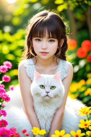 Masterpiece, beautiful details, perfect focus, 8K, high resolution, exquisite texture in every detail, 1girl, solo, looking at viewer, blush, smile, bangs, blue eyes, hair ornament, purple hair, hair rings, twin braids, hair flower, hair ribbon, hair between eyes, (best quality,ultra-detailed,cute animals,vivid colors,soft lighting,digital illustration,fluffy fur,playful expressions,adorable poses,dreamy atmosphere, colorful surroundings), (art by Makoto :1.5), digital art, child, cute cat, 16K, cool wallpaper, things, jasmine, pillows, clutter, toy, basket, wood, pot, can, copper, garden yard, smile, sharp focus, HDR,Add more details