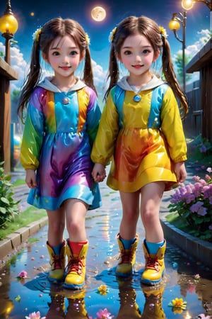 HDR, UHD, 16K, ultra detailed, (masterpiece, top quality, best quality, official art :1.2),( high res:1.2)(photorealistic:1.37), beautiful Two girls playing in puddles wearing rain boots. In the center of the puddles,  there is a clear reflection of the transparent water surface with bright light reflecting upon it. The girls are dressed in yellow raincoats and wearing boots,  allowing them to play in the puddles without getting wet. One of them is an energetic girl with her hair tied up in pigtails,  while the other has cute short twin tails. Holding hands,  they jump and frolic,  creating splashes of water. The weather is fine after the rain,  and a vibrant rainbow stretches across the background,  creating a joyful atmosphere,  Dark night,  wind blowing,  stary night,  night sky,  absurderes,  high resolution,  Ultra detailed backgrounds,  highly detailed hair,  Calm tones,  (Geometry:1.42), (Symmetrical background:1.4),  Photograph the whole body,  from below,  Backlighting of natural light,  falling petals,  the source of light is the moon light,  colorful wear,  (adorable difference face:1.4), (sharp focus:1.3), cyberpunk style,apex realistic XL