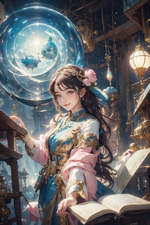 1girl, solo, (masterpiece), (absurdres:1.3), (ultra detailed), HDR, UHD, 16K, ray tracing, vibrant eyes, perfect face, award winning photo, beautiful, shiny skin, (highly detailed), clear face, teenage cute delicate girl, (shy blush:1.1), (high quality, high res, aesthetic:1.1), (dynamic action pose:1.3) ,slightly smile, lens flare, photo quality, big dream eyes, ((perfect eyes, perfect fingers)), iridescent brown hair, vivid color, perfect lighting, perfect shadow, realistic, stunning light, (atmosphere :1.6), nice hands, insane details ,high details ,kawaii, (extra wide shot: 1.8)

(Sharp focus realistic illustration:1.2), a giant glass sphere containing a small ecosystem, surrounded by measurement devices is installed in large-scale factory, a girl Priest stands next to the sphere, divine magic, sacred texts, ceremonial robes, incense, healing spells, blessing rituals, BREAK intricate illustrations, delicate linework, fine details, whimsical patterns, enchanting scenes, dreamy visuals, captivating storytelling, church and stain glass background, messy interior, book, elemental, feature, holy, holding stuff, flower, ((pink gold style)),Add more details,davincitech