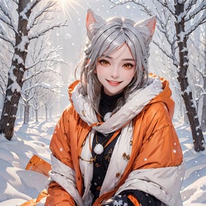 (best quality:1.05), 1girl, winter clothes, detailed clothes, high quality winter clothes, intricate detail, mittens, smiling, cold, forest village, snow, snowing, sun rays, shining, dawn, setting sun, cat ears, orange eyes, white winter jacket, dynamic lighting, intricate detail,gbfraux,girl
