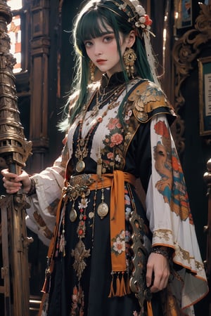 masterpiece, official art, ((ultra detailed)), (ultra quality), high quality, perfect face, 1 girl with long hair, blond-green hair with bangs, bronze eyes, detailed face, wearing a fancy ornate (((folk dress))), shoulder armor, armor, glove, hairband, hair accessories, striped, (holding the great weapon:1.7), jewelery, thighhighs, pauldrons, side slit, capelet, vertical stripes, looking at viewer, fantastical and ethereal scenery, daytime, church, grass, flowers. Intricate details, extremely detailed, incredible details, full colored, complex details, hyper maximalist, detailed decoration, detailed lines, best quality, HDR, dynamic lighting, perfect anatomy, realistic, more detail,
,Architect