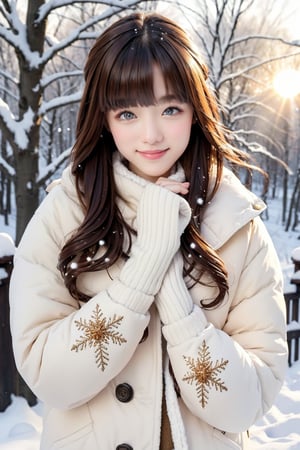 (best quality:1.05), 1girl, winter clothes, detailed clothes, high quality winter clothes, intricate detail, mittens, smiling, cold, forest village, snow, snowing, sun rays, shining, dawn, setting sun, cat ears, orange eyes, white winter jacket, dynamic lighting, intricate detail,