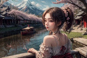 ((1girl)),solo, long hair, brown hair, black hair, dress, sitting, ponytail, outdoors, sky, day, cloud, water, from behind, white dress, tree, cherry blossoms, building, instrument, scenery, reflection, mountain, watercraft, architecture, house, bridge, east asian architecture, river, boat,