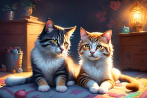 (best quality,ultra-detailed,cute animals,vivid colors,soft lighting,digital illustration,fluffy fur,playful expressions,adorable poses,dreamy atmosphere,colorful surroundings), (art by Makoto :1.5), digital art, child, cute cat, 16K, cool wallpaper, things, ,1girl,Albafantasy