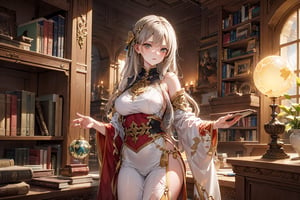 Masterpiece, Best Quality, highres, hyper detailed, A young librarian stands guard over a towering bookcase, holding a glowing orb. Ancient magic crackles around her, protecting the hidden knowledge within. (Mood: Mystical, protective. Setting: Grand library filled with ancient tomes and mystical artifacts. Color tone: Warm yellows, browns, and soft glows from the orb),