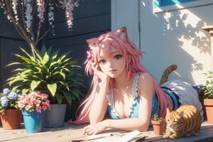 (best quality,ultra-detailed,cute animals,vivid colors,soft lighting,digital illustration,fluffy fur,playful expressions,adorable poses,dreamy atmosphere,colorful surroundings), (art by Makoto :1.5), digital art, child, cute cat, 16K, cool wallpaper, things, jasmine, pillows, clutter, toy, basket, wood, pot, can copper, garden yard, circle face, smile, sharp focus, HDR, Add more details, long hair, cute style,