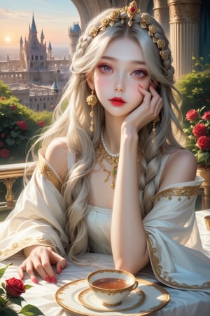 high resolution, (1 girl 15 years old), solo, ((extra wide shot)), Waist up portrait, (long hair:1.6), dynamic hair color, ((absurdly  green and platinum hair, Twisted Crown Braid, with French braids)), garnet hair color, purple eyes, (ultra detailed), High quality shadow, 4K, ((beautiful face)), beautiful body, (beauty skin), best quality, ((masterpiece)), vintage end table, (Full fry breakfast on sunny morning food), (vintage tea cup with hot tea with steamed), extremely detailed cg, suggestive, (intricate details: 1.3), slim waist, (high quality wear and cloth), Ruffle Pleated Chiffon taffy dress, realistic, illustration, (outdoor), peacock, look at viewer, best ratio four finger and one thumb, ((behind view:1.6)), (sunrise in the field),  ((arctic cloth color)), quality hand, High quality texture, a realistic representation of the face, (lie face down: 1.4), clear light, Red and peach roses in gold flower, ((an ancient fantasy city and castle background)), (Beautiful and clean nails), pearls, ornament, 
(score_9, score_8_up), score_7_up, score_6_up