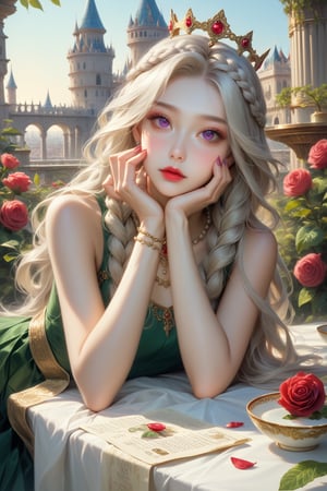 high resolution, (1 girl 15 years old), solo, ((extra wide shot)), Waist up portrait, (long hair:1.6), dynamic hair color, ((absurdly  green and platinum hair, Twisted Crown Braid, with French braids)), garnet hair color, purple eyes, (ultra detailed), High quality shadow, 4K, ((beautiful face)), beautiful body, (beauty skin), best quality, ((masterpiece)), vintage end table, (Full fry breakfast on sunny morning food), (vintage tea cup with hot tea with steamed), extremely detailed cg, suggestive, (intricate details: 1.3), slim waist, (high quality wear and cloth), Ruffle Pleated Chiffon taffy dress, realistic, illustration, (outdoor), peacock, look at viewer, best ratio four finger and one thumb, ((behind view:1.6)), (sunrise in the field),  ((arctic cloth color)), quality hand, High quality texture, a realistic representation of the face, (lie face down: 1.4), clear light, Red and peach roses in gold flower, ((an ancient fantasy city and castle background)), (Beautiful and clean nails), pearls, ornament, 
(score_9, score_8_up), score_7_up, score_6_up