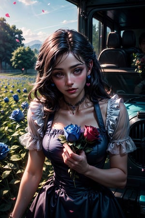rose in object, ultra detailed, (masterpiece, top quality, best quality, official art, perfect face:1.2), UHD, (cinematic, azure and light pink:0.85), (muted colors, dim colors), falling petals, purple roses, multicolor rose, happiness, (action hearts:1.4), (full field roses :1.4), (blue rose in recreation Vehicle: 1.5), flowers, rose,Nature